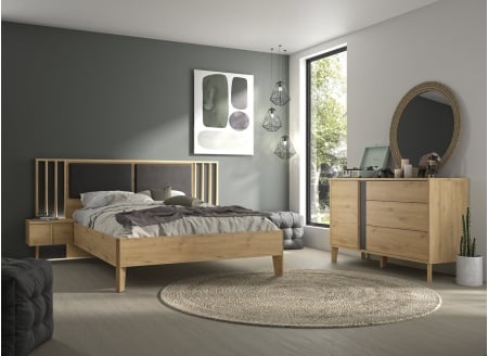 Lit 140x190 tête de lit et chevets PAVEL Chêne -  2