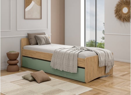 Lit gigogne 90x200 HECTOR - Chêne/Vert - 1