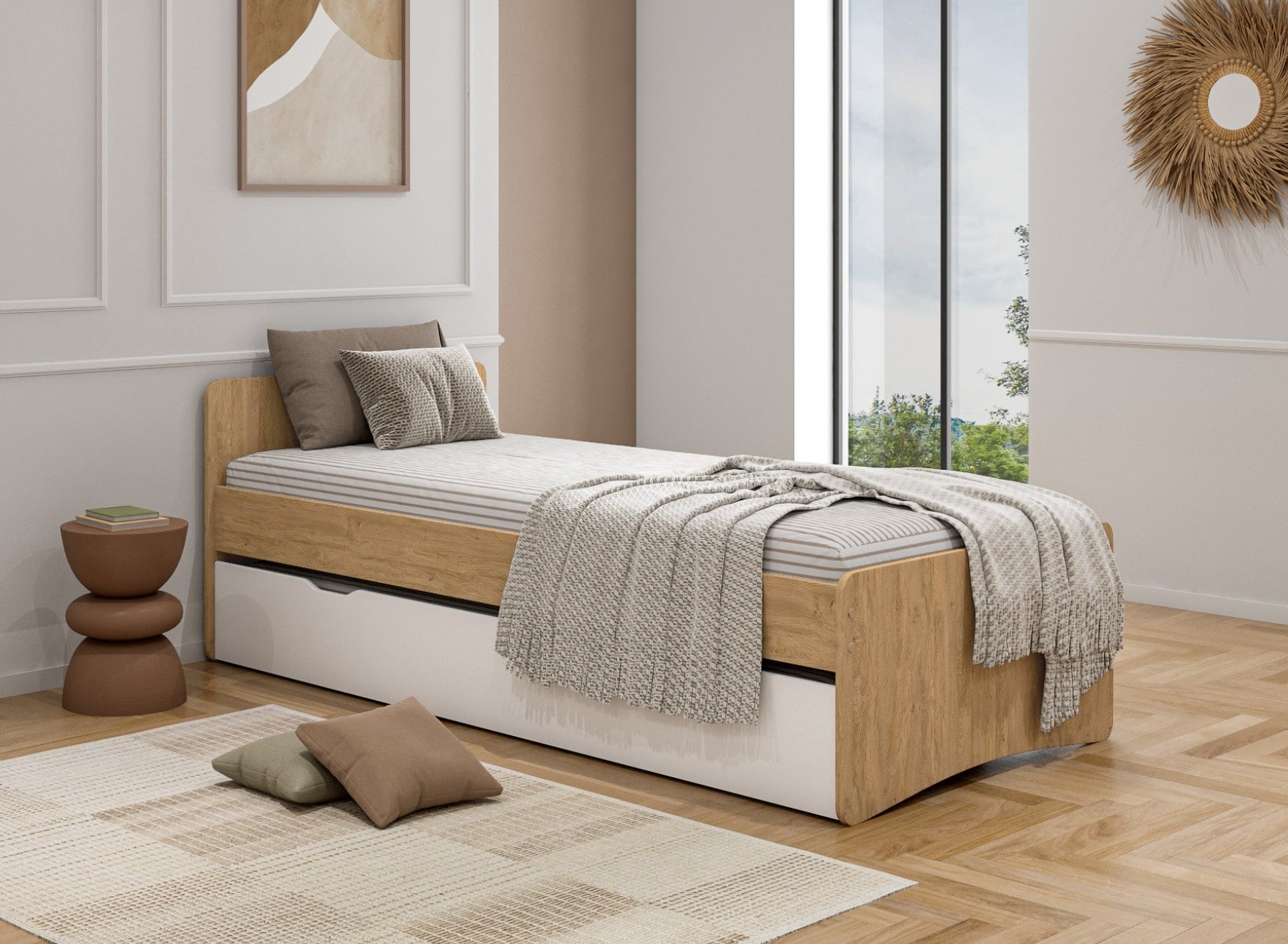 Lit gigogne 90x200 HECTOR - Chêne/Blanc - 1