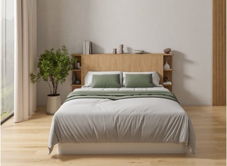 Cama canapé 160x200 con cabecero BASTIA - Blanco/Roble