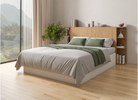 Lit coffre avec tête de lit BASTIA - Blanc/Chêne - 1