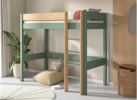 Lit mezzanine 90x190cm en pin massif HOYA Kaki - 1