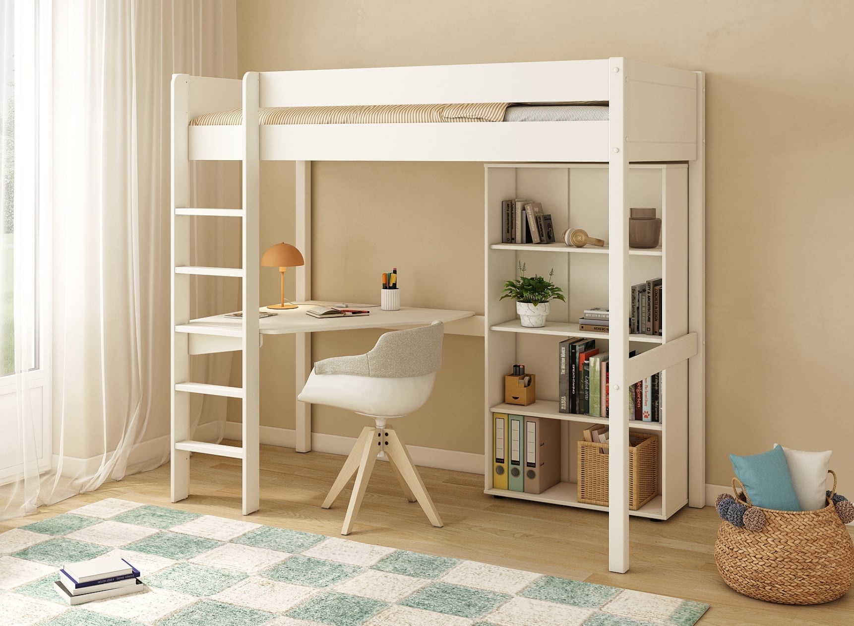 ARTHUS 90x190 Loft Bed with Desk and Bookshelf - White