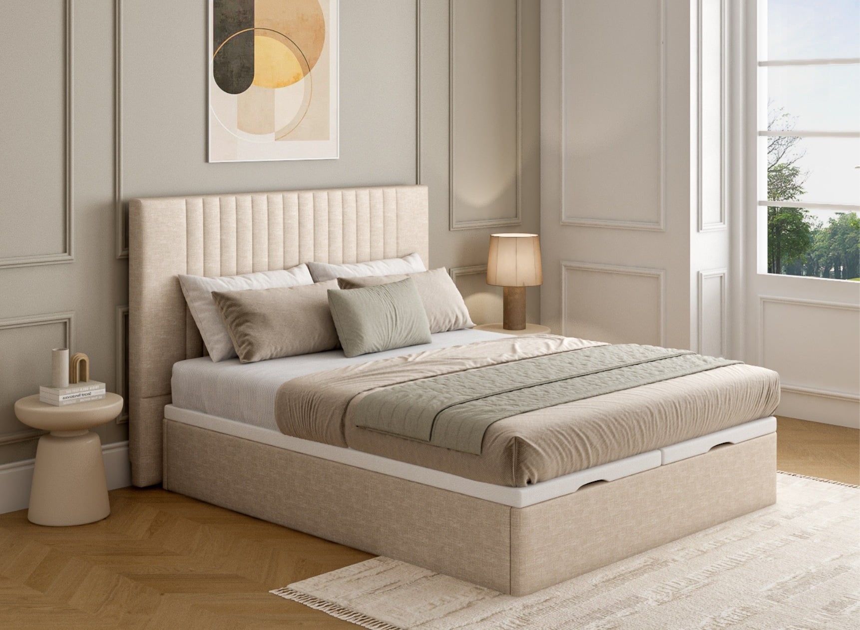 Lit coffre 160x200 avec tête de lit ALOE - Crème - 1