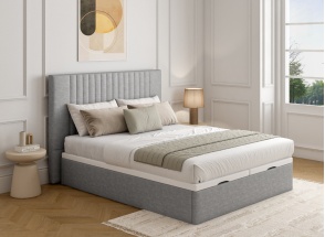 160x200 storage bed with headboard in ALOE grained fabric - Light grey