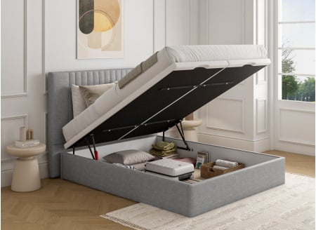 Opbergbed 160x200 met hoofdbord in gestructureerde stof ALOE - Lichtgrijs