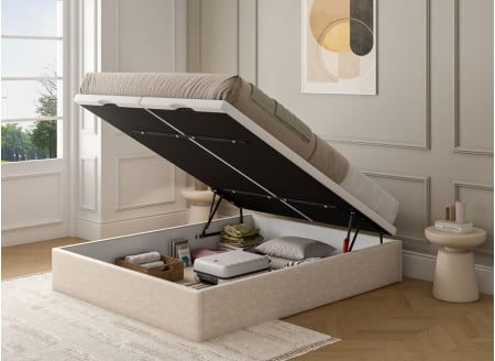 140x200 storage bed in ALOE textured fabric - Cream