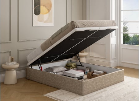 Opbergbed 160x200 in gestructureerde stof ALOE - Beige