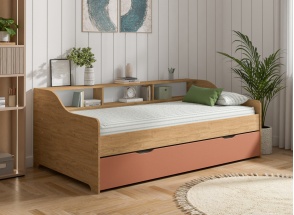 Letto estraibile con contenitore 90x200 AEL - Rovere/Terracotta