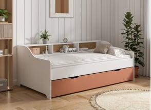 Lit gigogne avec rangement 90x200 AEL - Blanc/Terracotta