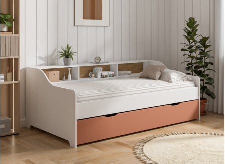 Lit gigogne avec rangement AEL - Blanc/Terracotta - 1
