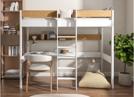 Cama mezzanine 90x200 con escritorio EDGAR - Blanco/Roble
