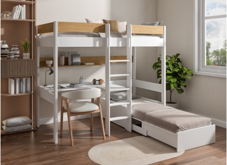 EDGAR Mezzanine Bed 90x200 with Desk and Armchair - White/Oak