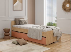 HECTOR 90x200 Trundle Bed - Oak/Terracotta