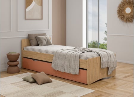 Lit gigogne 90x200 HECTOR - Chêne/Terracotta - 1