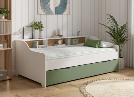 Lit gigogne avec rangement 90x200 AEL - Blanc/Vert - 1