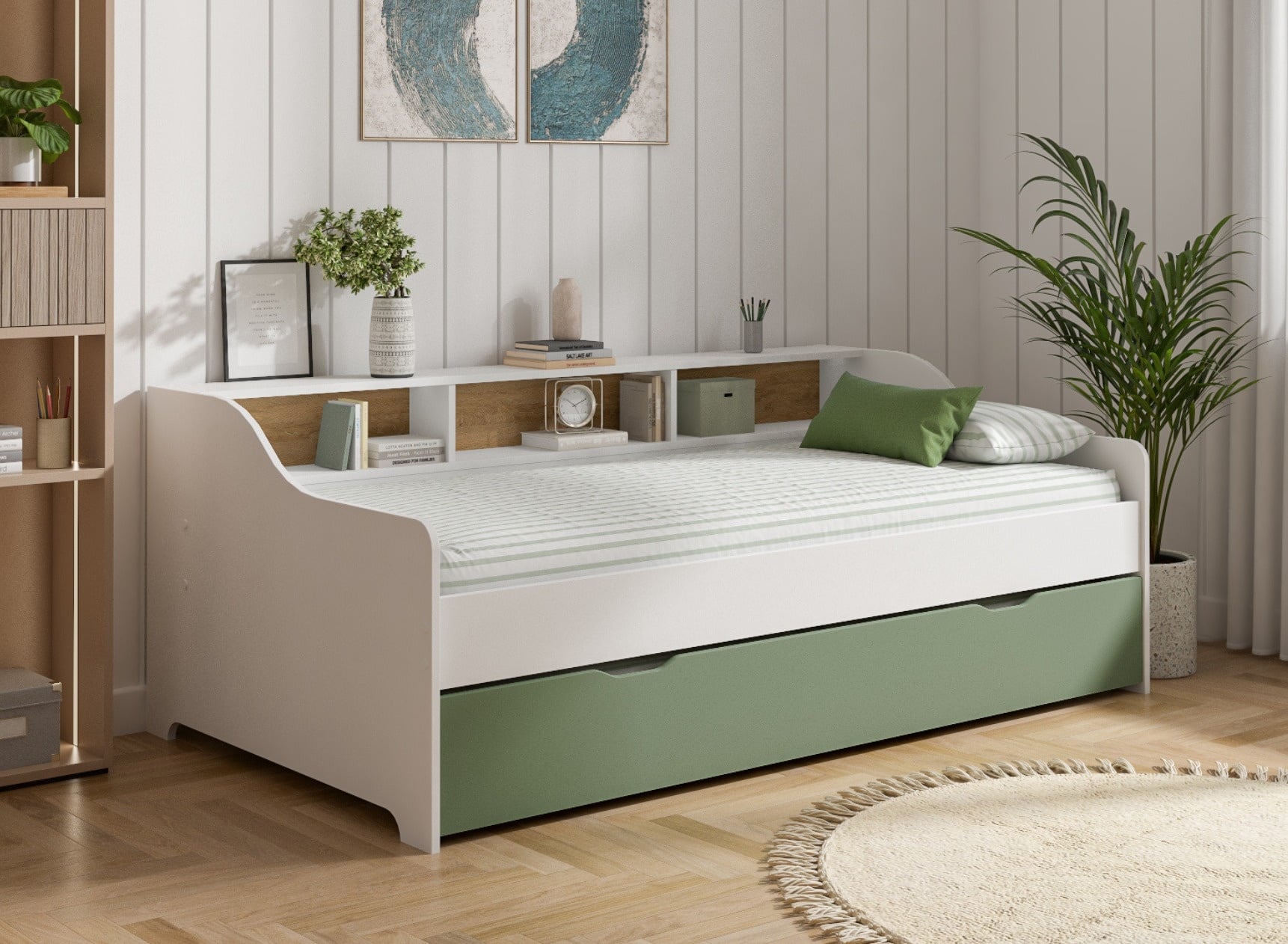 Lit gigogne avec rangement 90x200 AEL - Blanc/Vert - 1