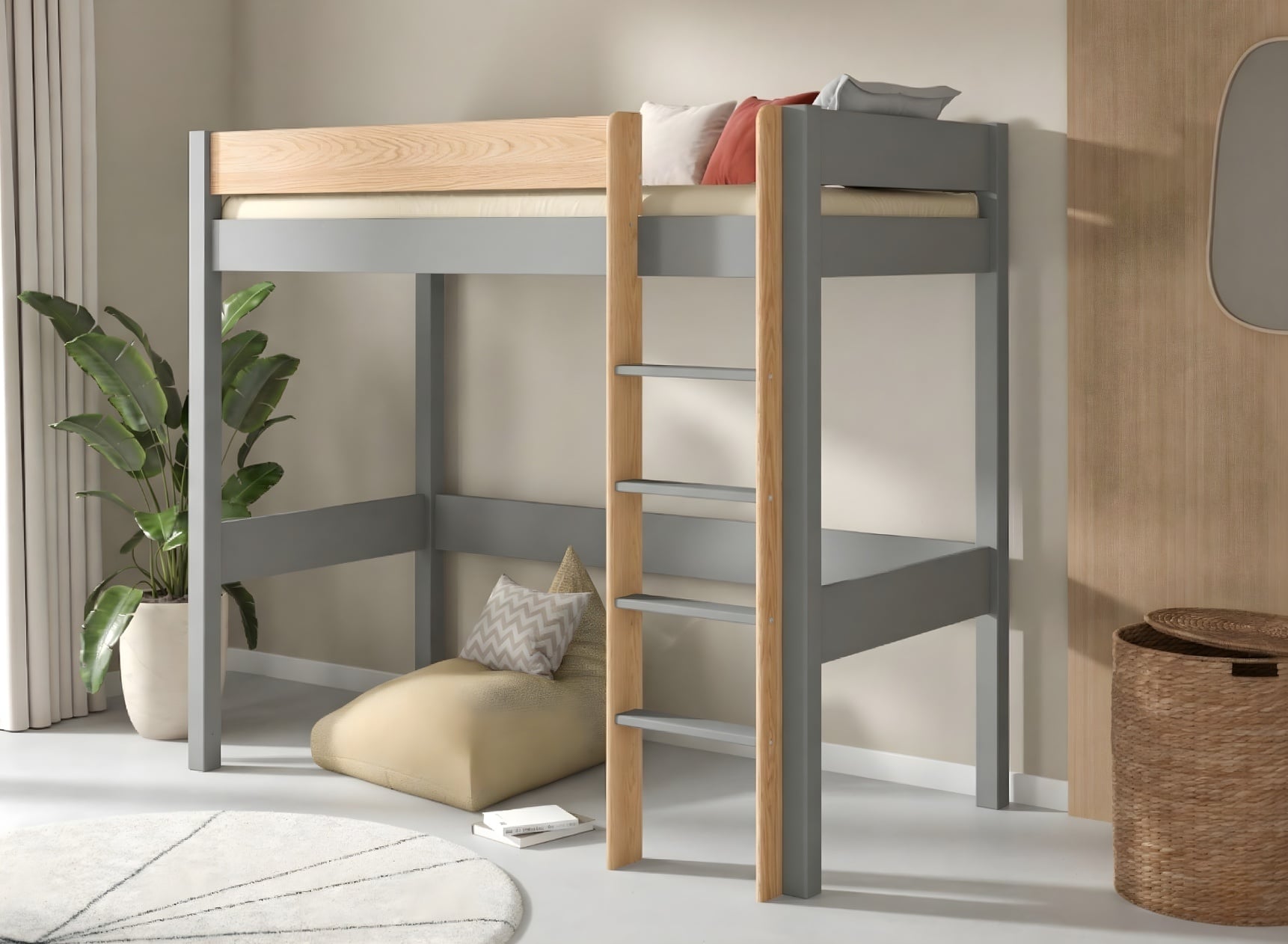 Lit mezzanine 90x190cm en pin massif HOYA Gris - 1