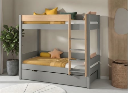 3-sleeper bunk bed in solid pine 90x190 HOYA - Grey/Pine