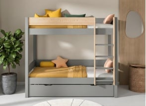 Lit superposé 3 places en pin massif 90x190 HOYA - Gris/Pin