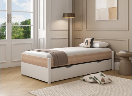 Lit gigogne 90x200 PRADO - Blanc/Chêne - 1