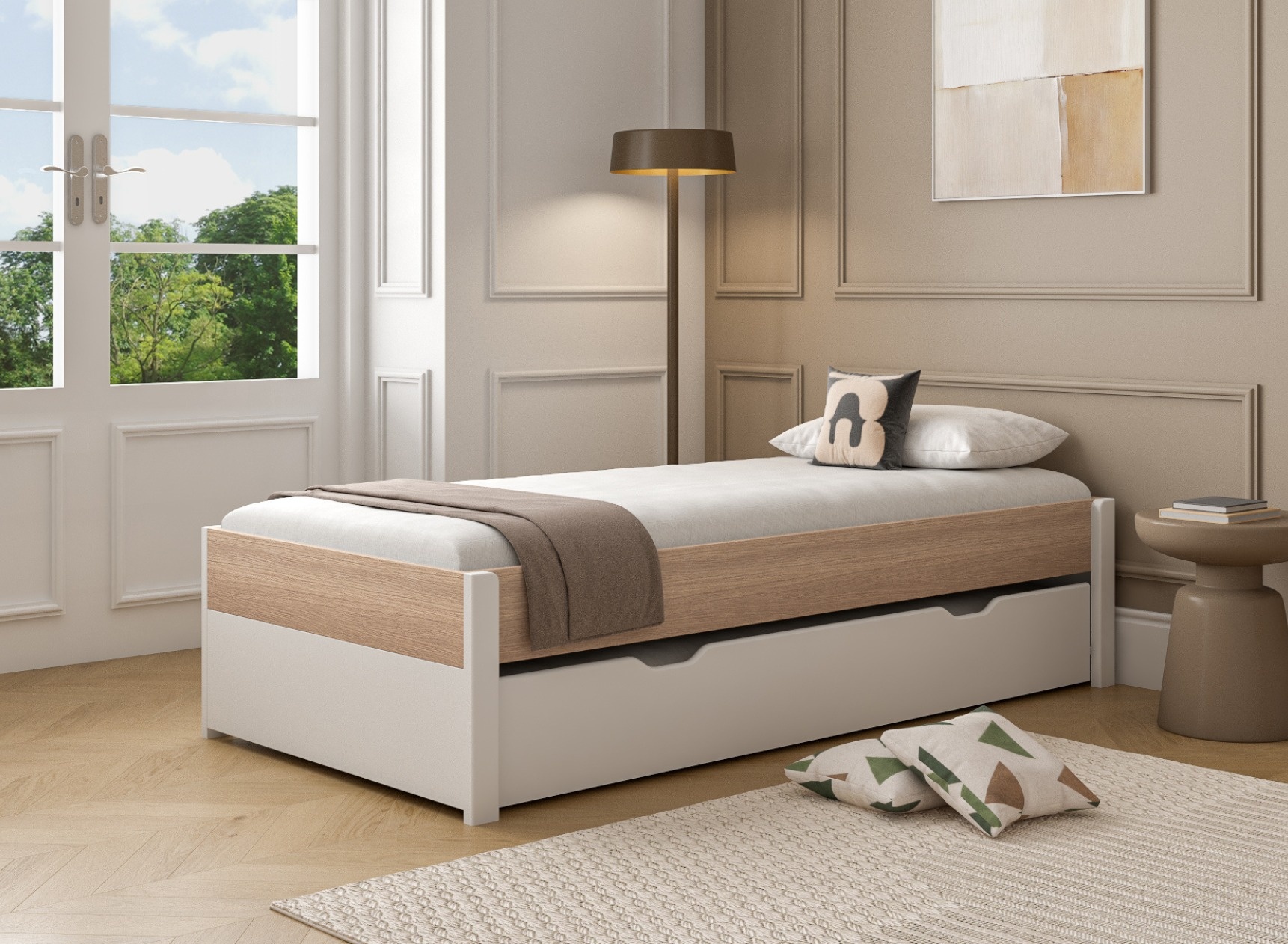 Ausziehbett 90x200 PRADO - Weiß/Eiche