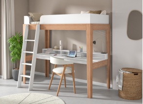 Hoogslaper met bureau 90x200 massief beukenhout SENSON - Wit/Beuken