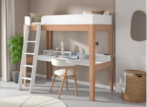 Letto a soppalco con scrivania 90x200 faggio massello SENSON - Bianco/Faggio