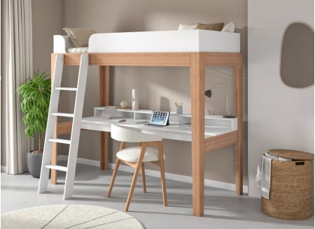 Lit mezzanine avec bureau 90x200 hêtre massif SENSON - 1