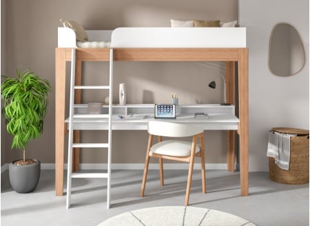 Letto a soppalco con scrivania 90x200 faggio massello SENSON - Bianco/Faggio