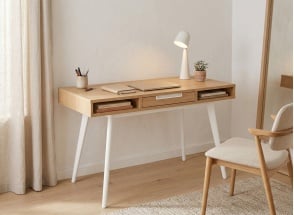 VINTAGE houten bureau met 1 lade - Wit/Eiken