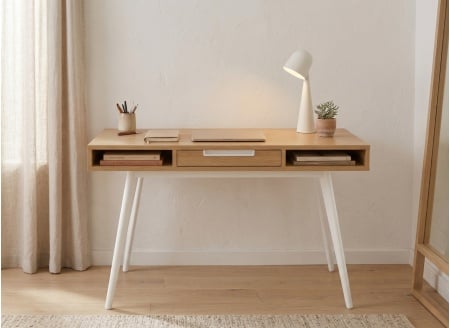 Escritorio de madera con 1 cajón VINTAGE - Blanco/Roble