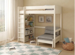 Letto a soppalco con poltrona convertibile e libreria ARTHUS - Bianco