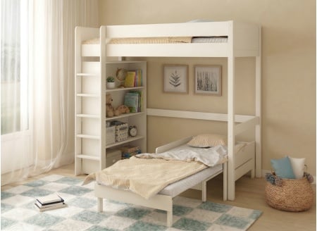 Letto a soppalco con poltrona convertibile e libreria ARTHUS - Bianco