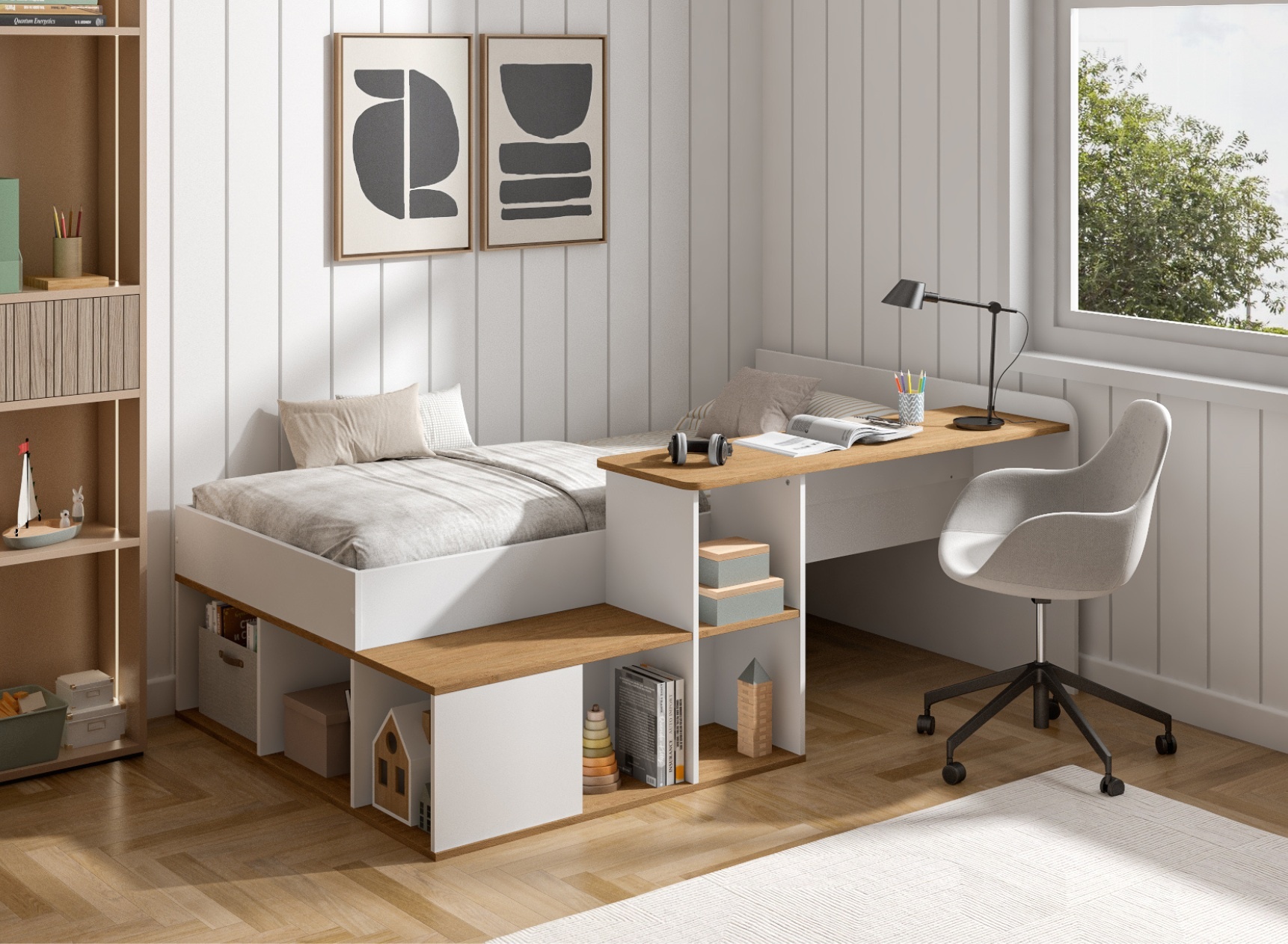 Letto 90x200 Cm Per Bambini In Legno Di Pino Con Cassetti | Struttura Con Sponde Di Sicurezza E Scala, Bianco, Carico Max 120 Kg, Senza Materasso