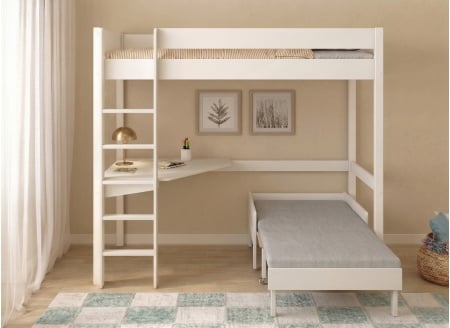 Cama altillo con escritorio 90x190 y sillón convertible ARTHUS - Blanco