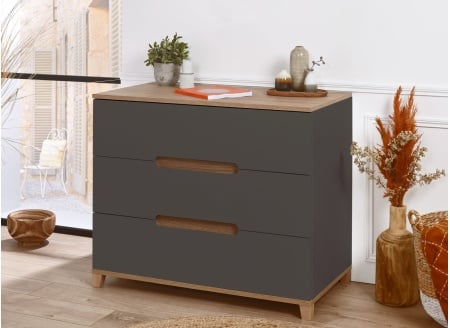 Commode 3 tiroirs ALBI Ardoise/Chêne - 1