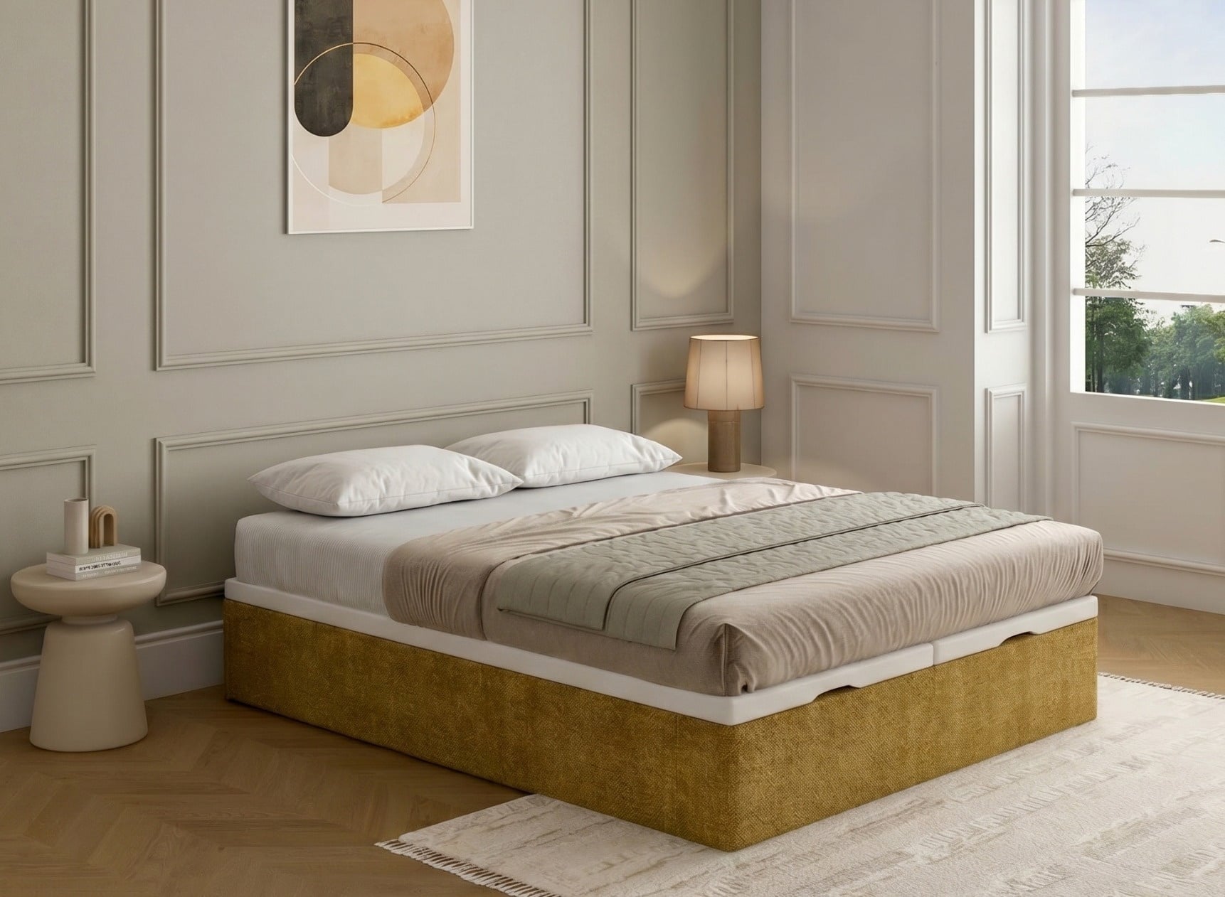 Lit coffre 160x200 en tissu grainé ALOE - Moutarde - 1