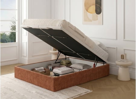 ALOE Storage Bed 140x200 in Grained Fabric - Terracotta