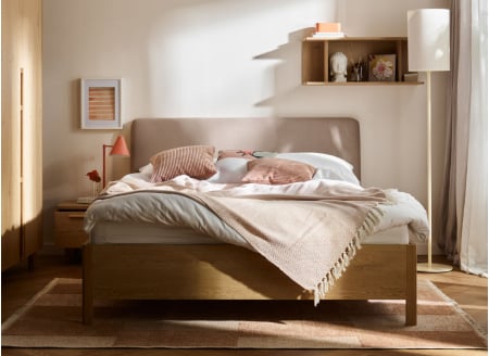 Tweepersoonsbed 160x200 met gestoffeerd hoofdeinde NOMA - Ecru/Eiken
