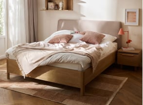 Doppelbett 140x200 mit Polster-Kopfteil aus Stoff NOMA - Ecru/Eiche