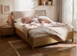Cama doble 160x200 con cabecero de tela NOMA - Crudo/Roble