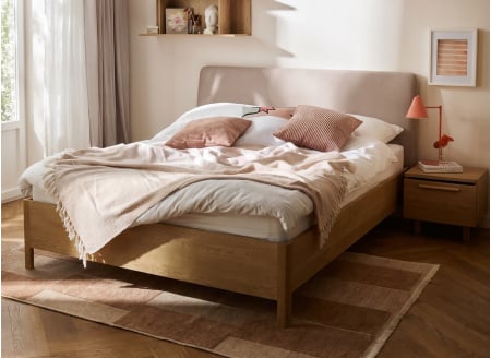 Lit coffre 140x200 avec tête de lit tissu NOMA - Écru/Chêne 1