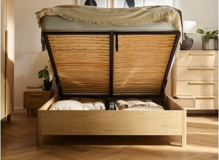 Lit coffre 140x200 avec tête de lit tissu NOMA - Écru/Chêne 2