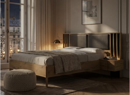 Tweepersoons bed 140x190 met hoofdeinde en nachtkastjes PAVEL - Eiken