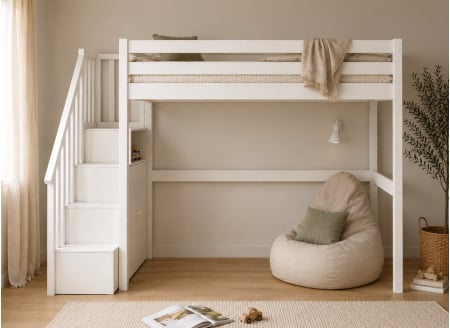 Lit mezzanine blanc avec escalier rangement et espace détente