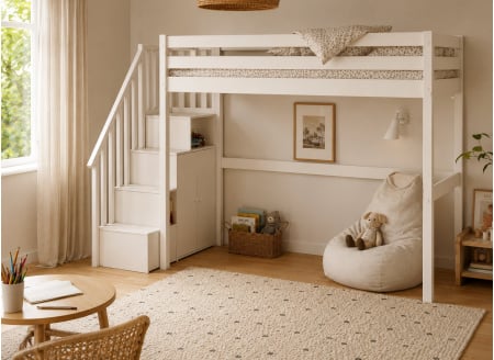 Hochbett mit Treppe 90x200 MEZZO - Weiß