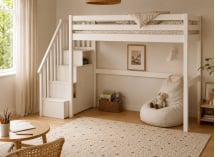 Vue 3/4 du lit mezzanine blanc avec espace bureau