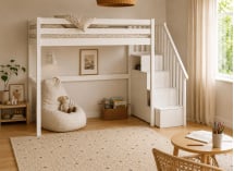 Vue 3/4 avec escalier à droite du lit mezzanine blanc