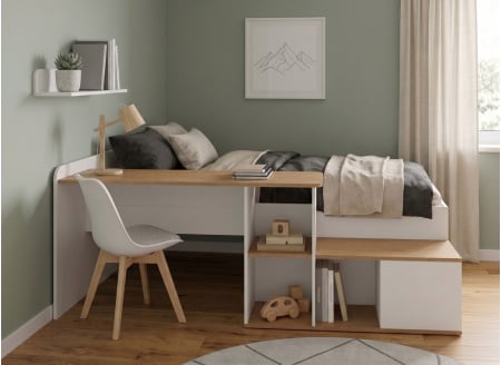 Children's bed with desk 90x200 EMMA - White/Oak